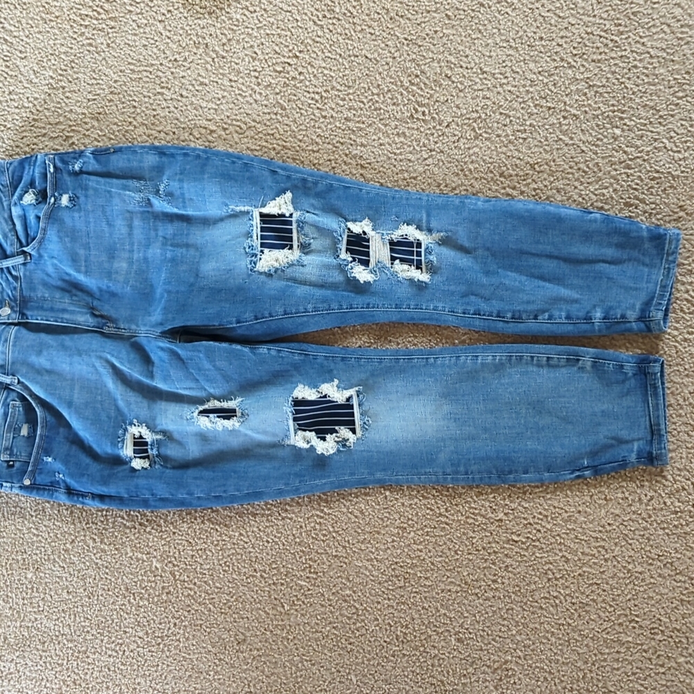 Judy Blue size 22w distressed with navy blue/white pin stripe patches